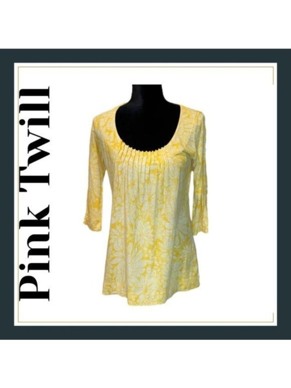 Pink Twill Womens S Yellow White Print Scoop Neck 3/4 Sleeve Cotton Modal Top